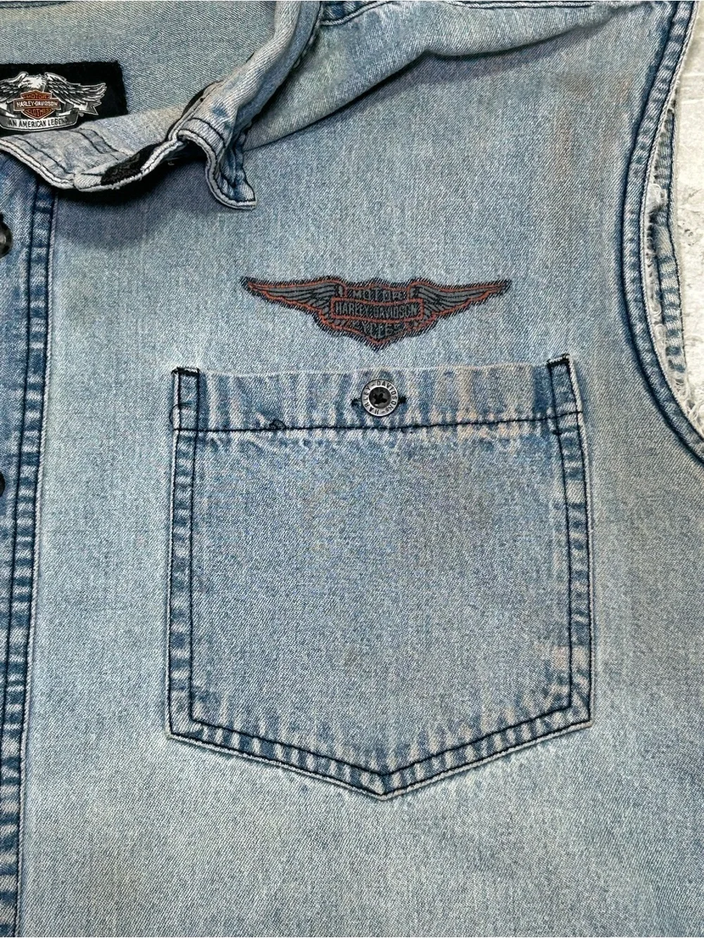 Harley-Davidson Men’s XL Distressed Faded Denim Vest Shirt Sleeveless